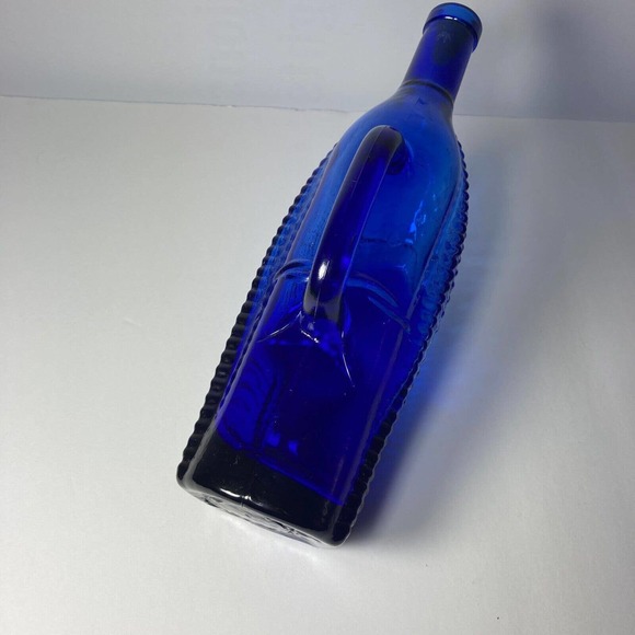 Vintage Cobalt Blue Embossed Wine Bottle | Quilted Lattice Wicker Basket, Handle - Picture 7 of 10